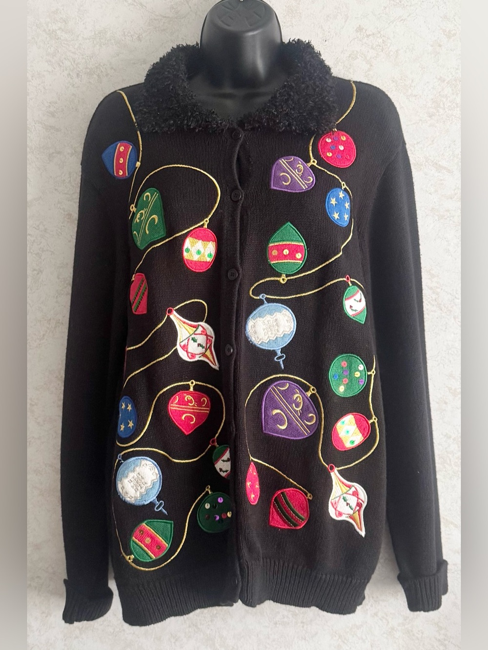 Investments Women's Christmas Cardigan Sweater Ornaments Black Fuzzy Collar Larg